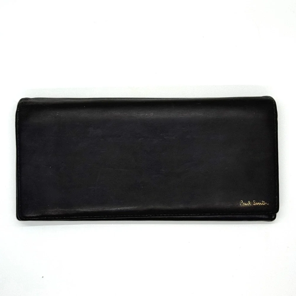 Paul Smith Black Leather Continental Wallet Long Bifold Zip Pocket Striped‎ Trim